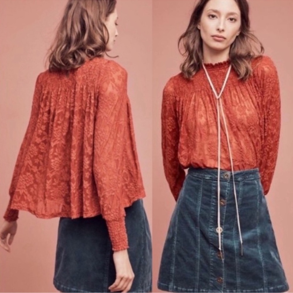 Anthropologie Burnt Orange Lace High-Neck Blouse
